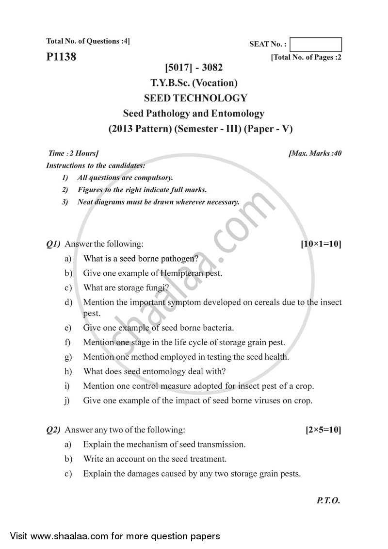 Seed Pathology and Entomology 2016-2017 Semester 5 (FYBSc) - University of Pune question paper with PDF download