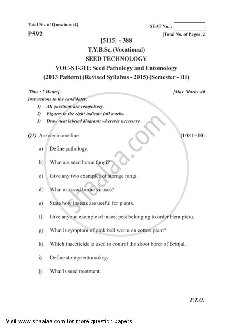 Seed Pathology and Entomology 2016-2017 Semester 5 (FYBSc) - University of Pune question paper with PDF download