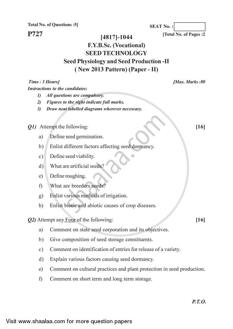 Seed Physiology and Seed Production 2015-2016 Semester 2 (FYBSc) - University of Pune question paper with PDF download