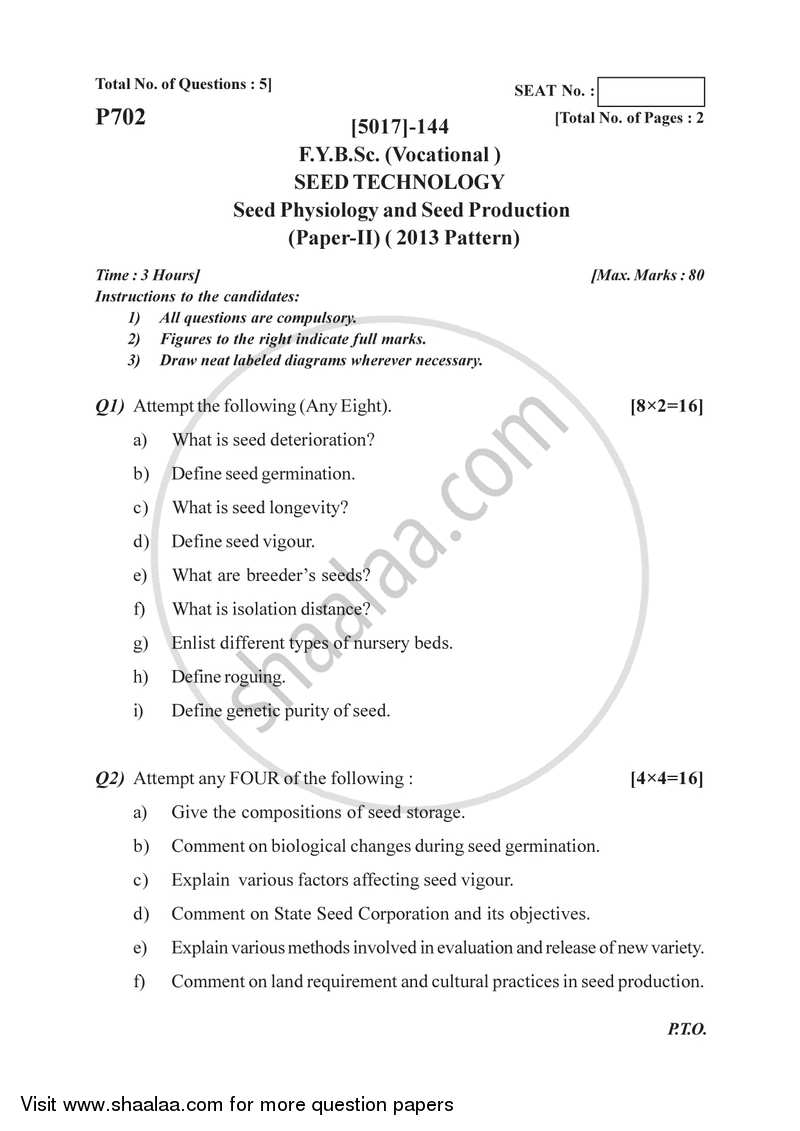 Seed Physiology and Seed Production 2016-2017 Semester 2 (FYBSc) - University of Pune question paper with PDF download