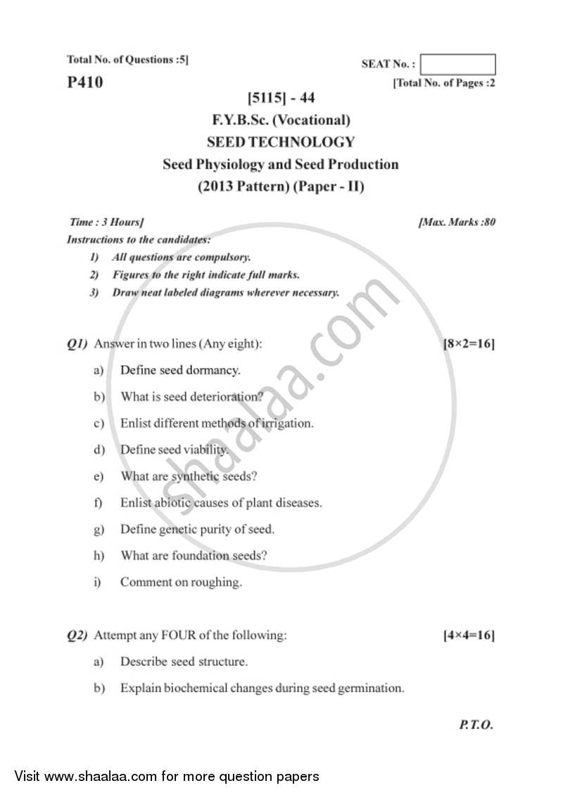 Seed Physiology and Seed Production 2016-2017 Semester 2 (FYBSc) - University of Pune question paper with PDF download