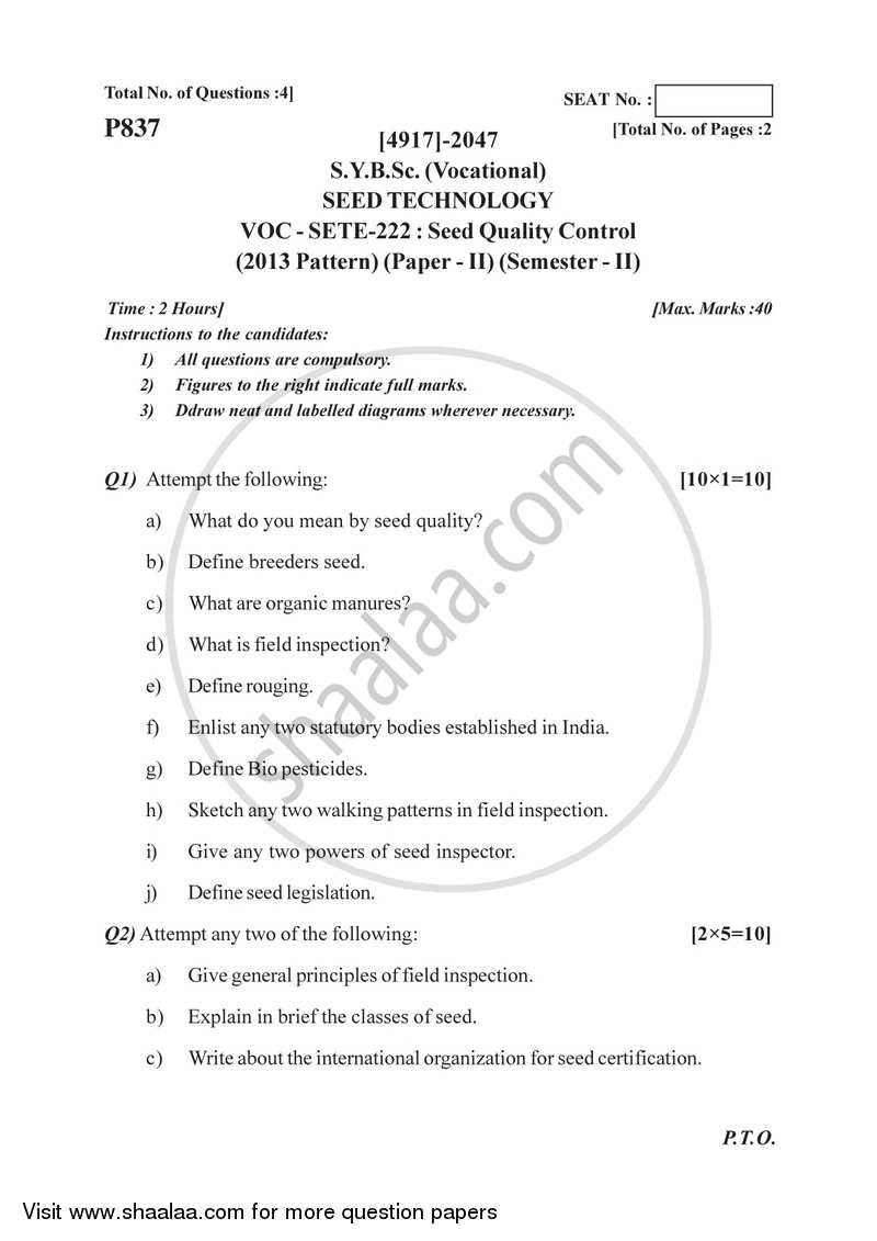 Seed Quality Control 2015-2016 Semester 4 (FYBSc) - University of Pune question paper with PDF download