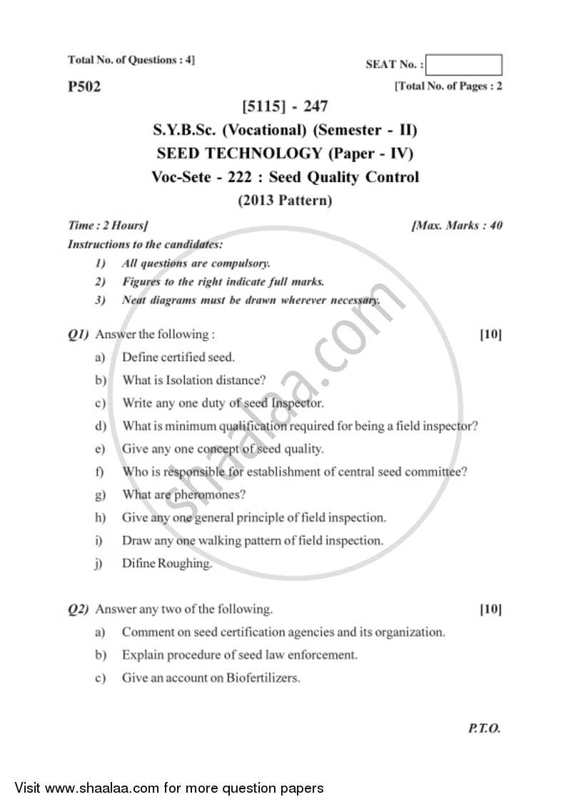 Seed Quality Control 2016-2017 Semester 4 (FYBSc) - University of Pune question paper with PDF download