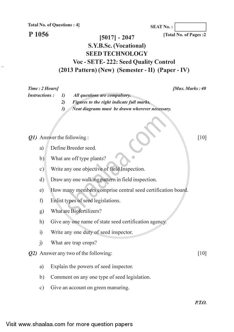 Seed Quality Control 2016-2017 Semester 4 (FYBSc) - University of Pune question paper with PDF download