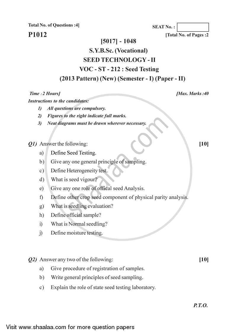 Seed Testing 2016-2017 Semester 3 (FYBSc) - University of Pune question paper with PDF download