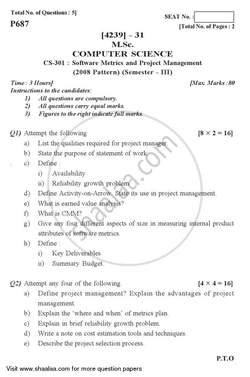 Software Metrics and Project Management 2012-2013 Semester 3 - University of Pune question paper with PDF download