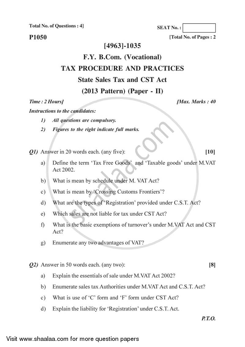 State Sales Tax and Central Sales Tax 2015-2016 F.Y.B.Com Vocational - University of Pune question paper with PDF download