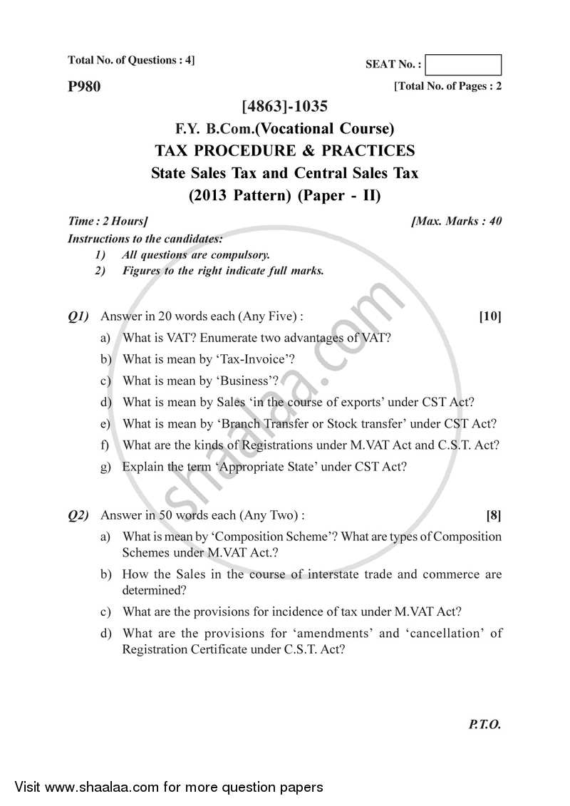 State Sales Tax and Central Sales Tax 2015-2016 F.Y.B.Com Vocational - University of Pune question paper with PDF download