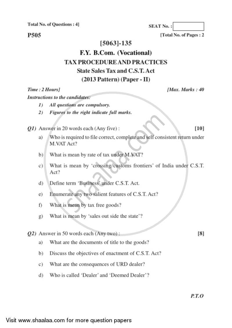 State Sales Tax and Central Sales Tax 2016-2017 F.Y.B.Com Vocational - University of Pune question paper with PDF download