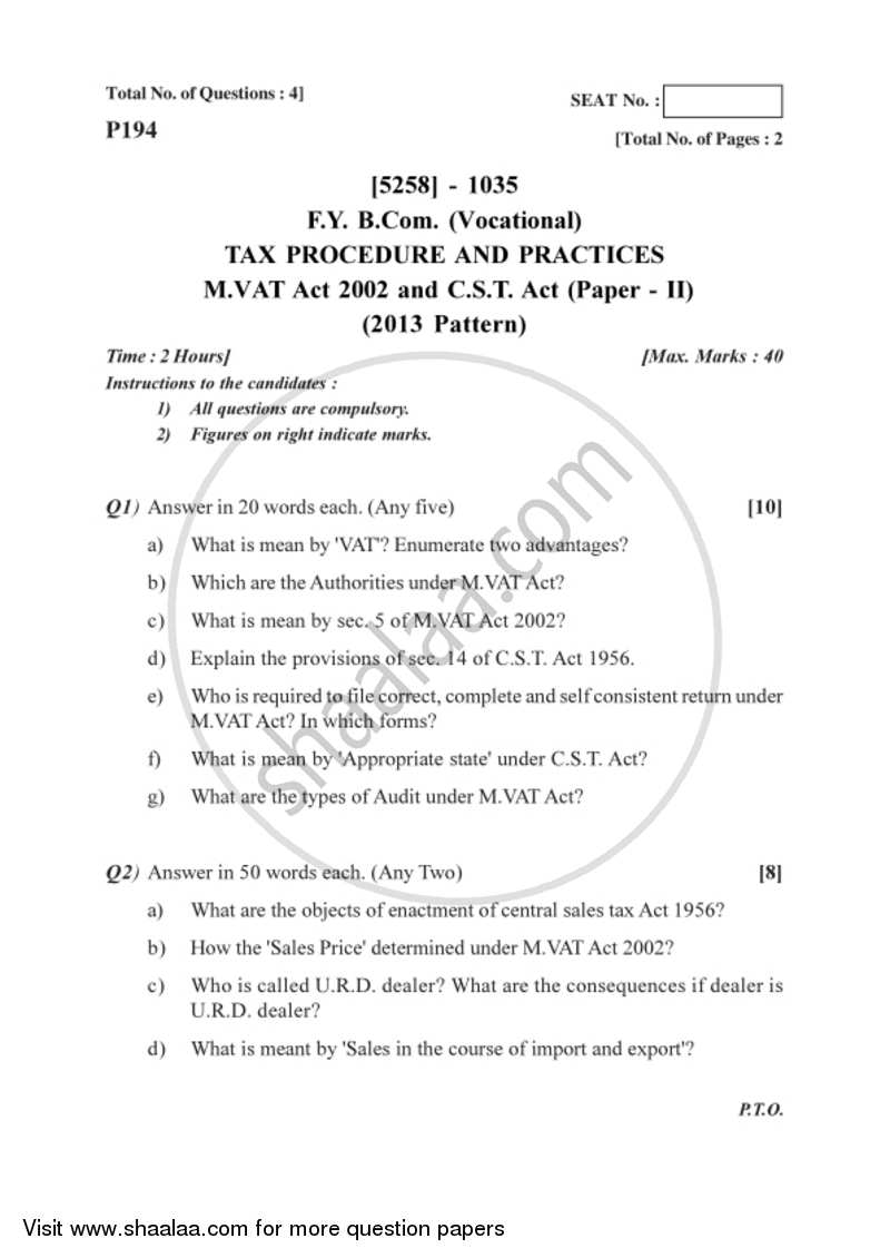 State Sales Tax and Central Sales Tax 2017-2018 F.Y.B.Com Vocational - University of Pune question paper with PDF download