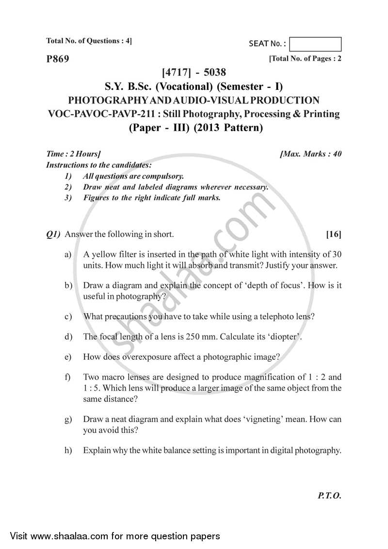 Still Photography , Processing and Printing 2014-2015 Semester 3 (FYBSc) - University of Pune question paper with PDF download