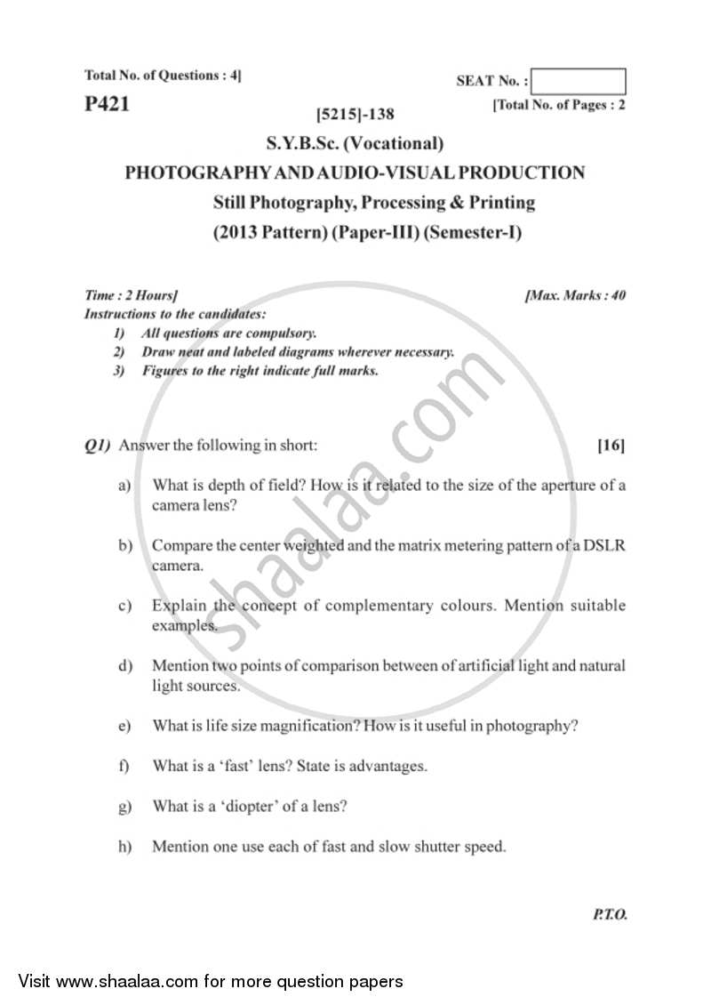 Still Photography , Processing and Printing 2017-2018 Semester 3 (FYBSc) - University of Pune question paper with PDF download