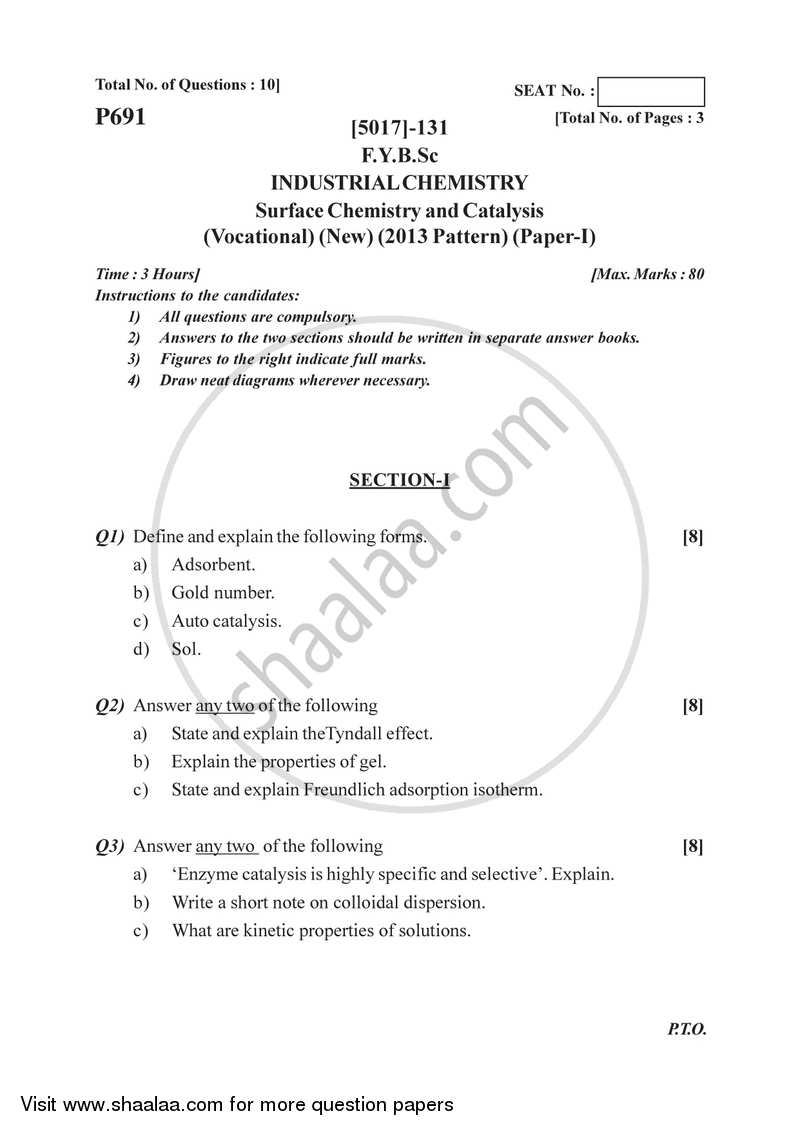 Surface Chemistry and Catalysis 2016-2017 Semester 2 (FYBSc) - University of Pune question paper with PDF download