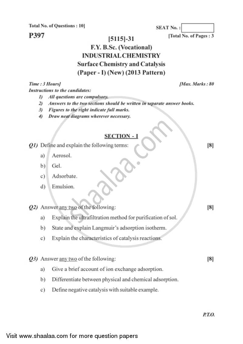 Surface Chemistry and Catalysis 2016-2017 Semester 2 (FYBSc) - University of Pune question paper with PDF download