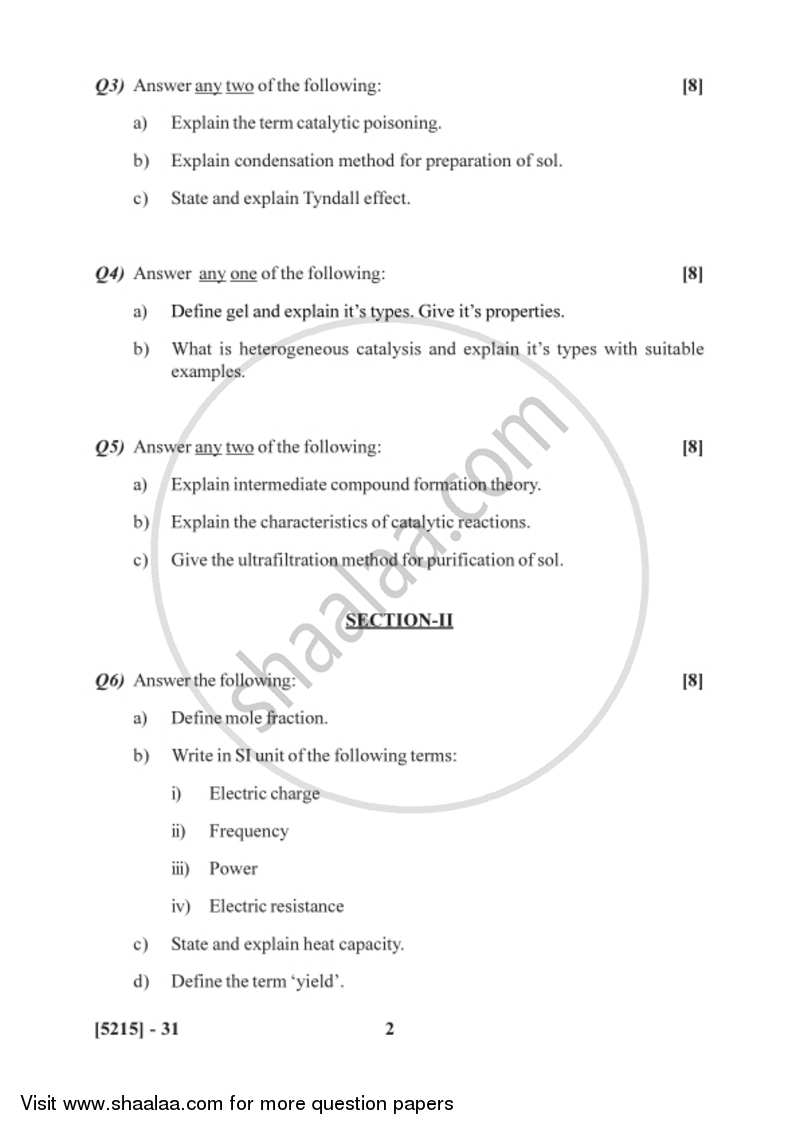 Surface Chemistry and Catalysis 2017-2018 Semester 2 (FYBSc) - University of Pune question paper with PDF download