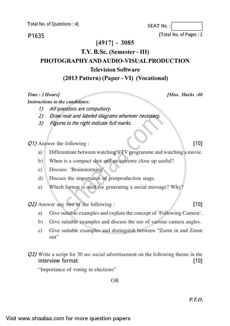 Television Software 2015-2016 Semester 5 (FYBSc) - University of Pune question paper with PDF download