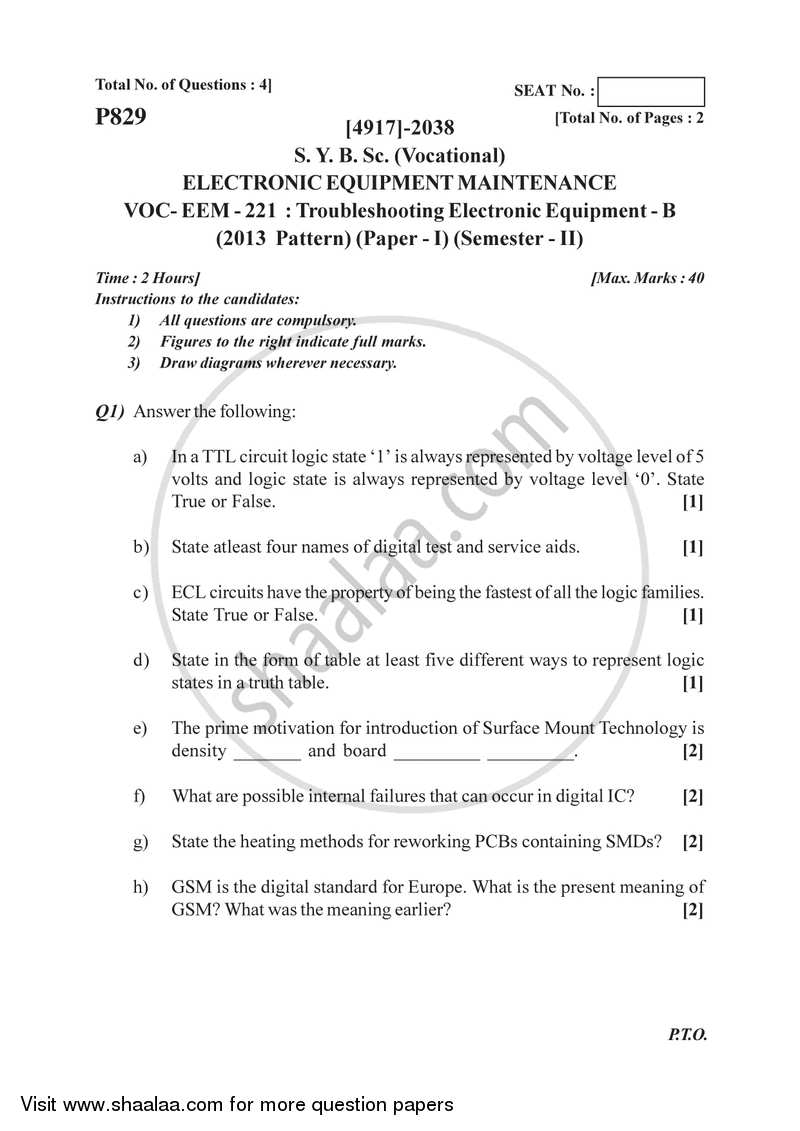 Troubleshooting Electronic Equipment - B 2015-2016 Semester 4 (FYBSc) - University of Pune question paper with PDF download