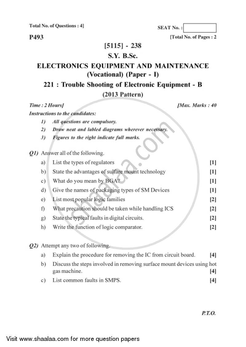 Troubleshooting Electronic Equipment - B 2016-2017 Semester 4 (FYBSc) - University of Pune question paper with PDF download