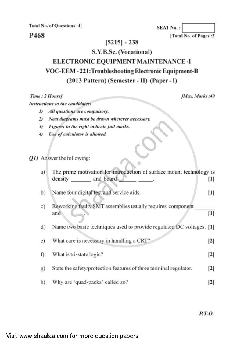 Troubleshooting Electronic Equipment - B 2017-2018 Semester 4 (FYBSc) - University of Pune question paper with PDF download
