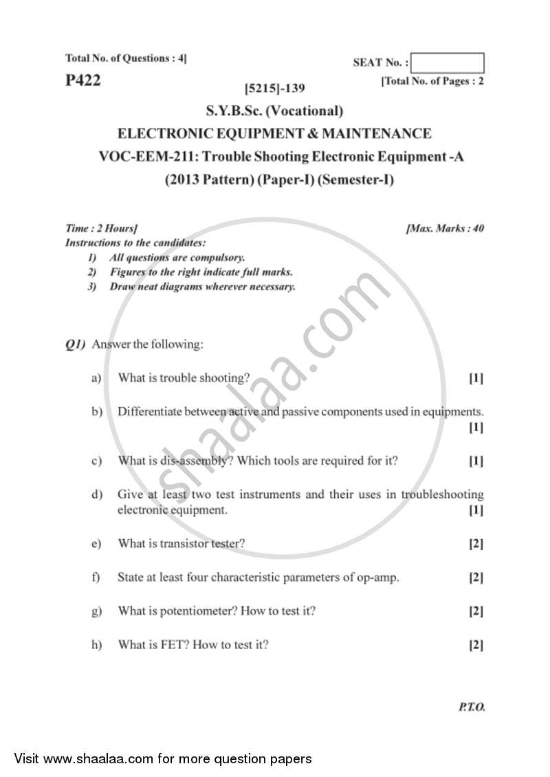 Troubleshooting Electronic Equipment 2017-2018 Semester 3 (FYBSc) - University of Pune question paper with PDF download
