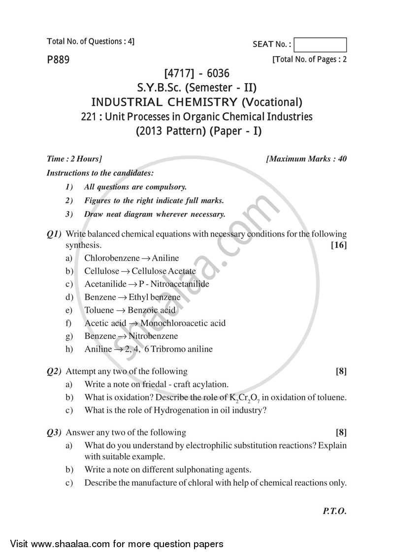Unit Processes in Organic Chemical Industries 2014-2015 Semester 4 (FYBSc) - University of Pune question paper with PDF download