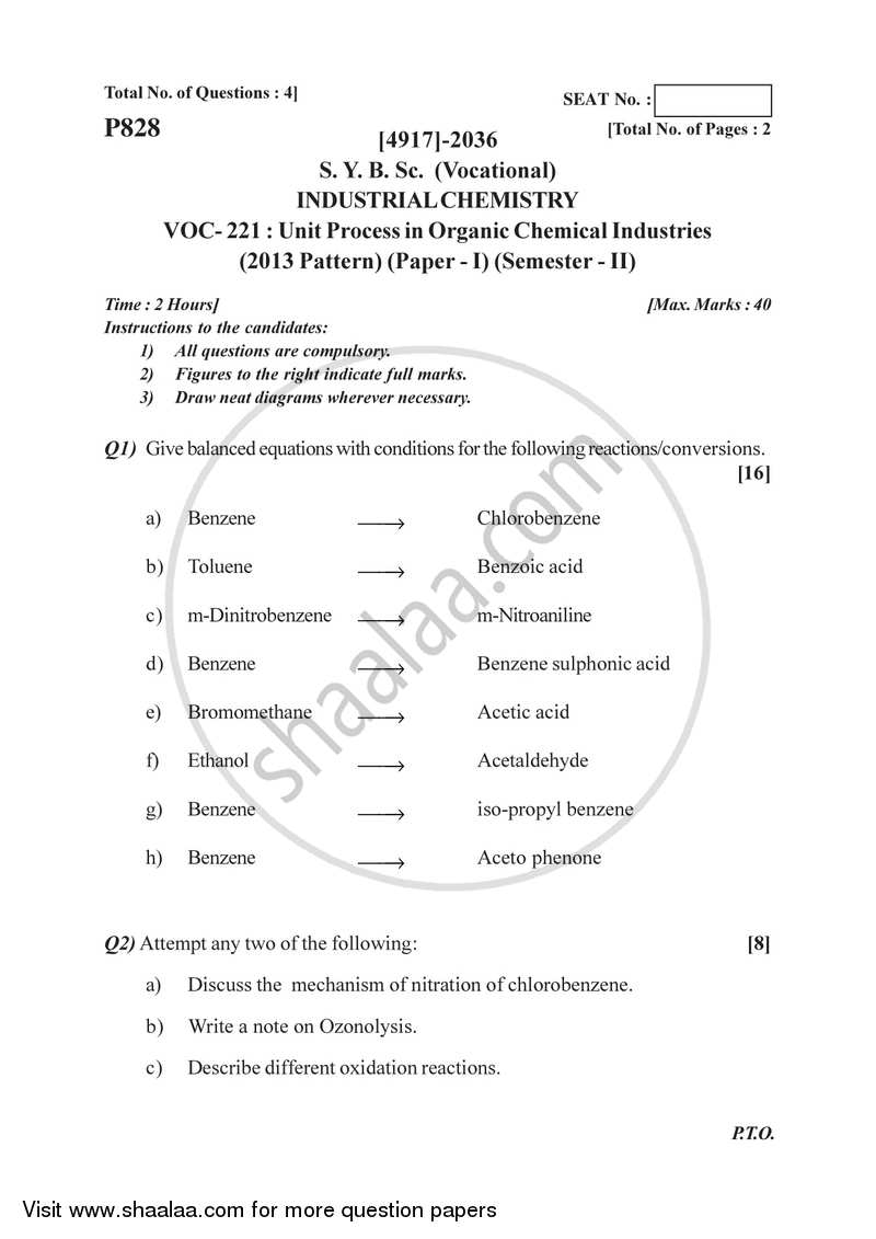 Unit Processes in Organic Chemical Industries 2015-2016 Semester 4 (FYBSc) - University of Pune question paper with PDF download
