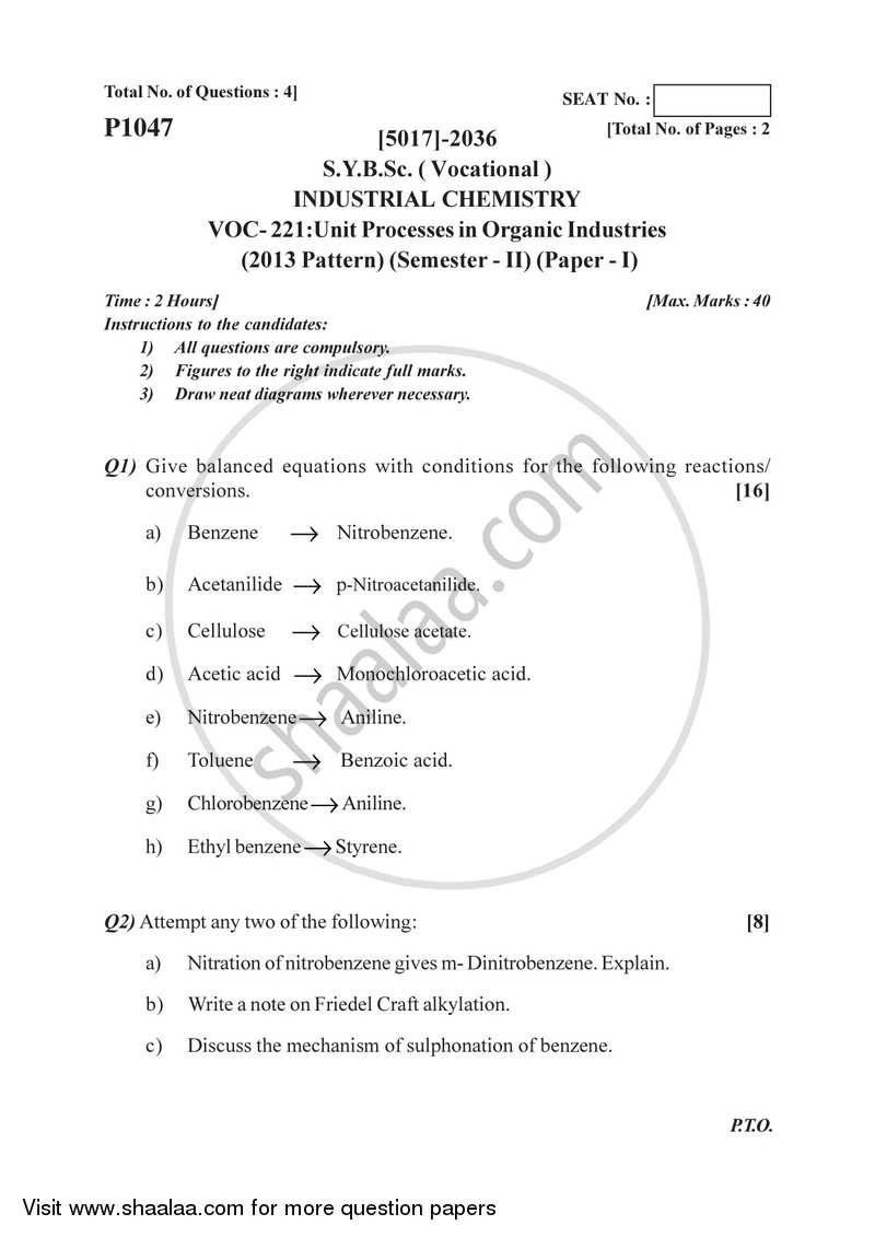 Unit Processes in Organic Chemical Industries 2016-2017 Semester 4 (FYBSc) - University of Pune question paper with PDF download