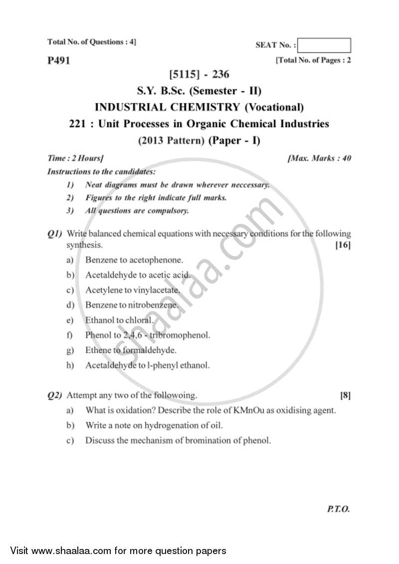 Unit Processes in Organic Chemical Industries 2016-2017 Semester 4 (FYBSc) - University of Pune question paper with PDF download