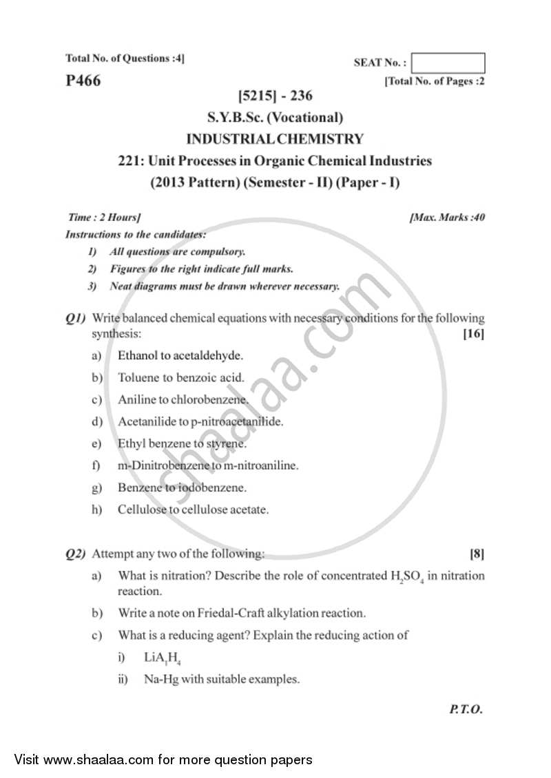 Unit Processes in Organic Chemical Industries 2017-2018 Semester 4 (FYBSc) - University of Pune question paper with PDF download