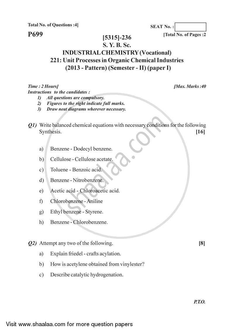 Unit Processes in Organic Chemical Industries 2017-2018 Semester 4 (FYBSc) - University of Pune question paper with PDF download