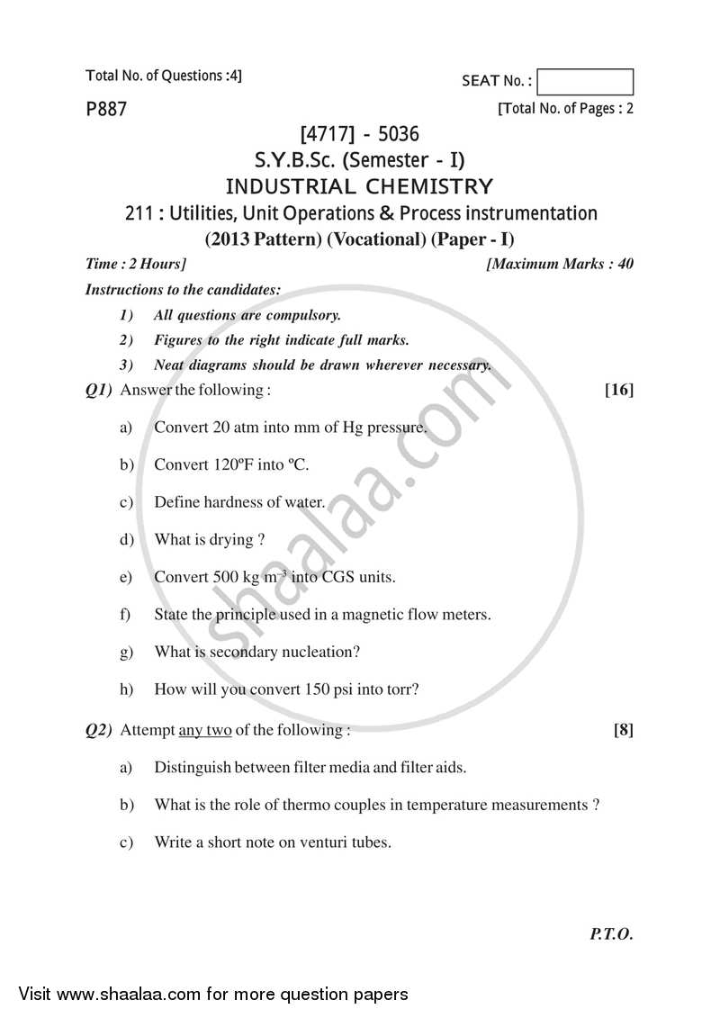 Utilities, Unit Operations and Process Instrumentation 2014-2015 Semester 3 (FYBSc) - University of Pune question paper with PDF download