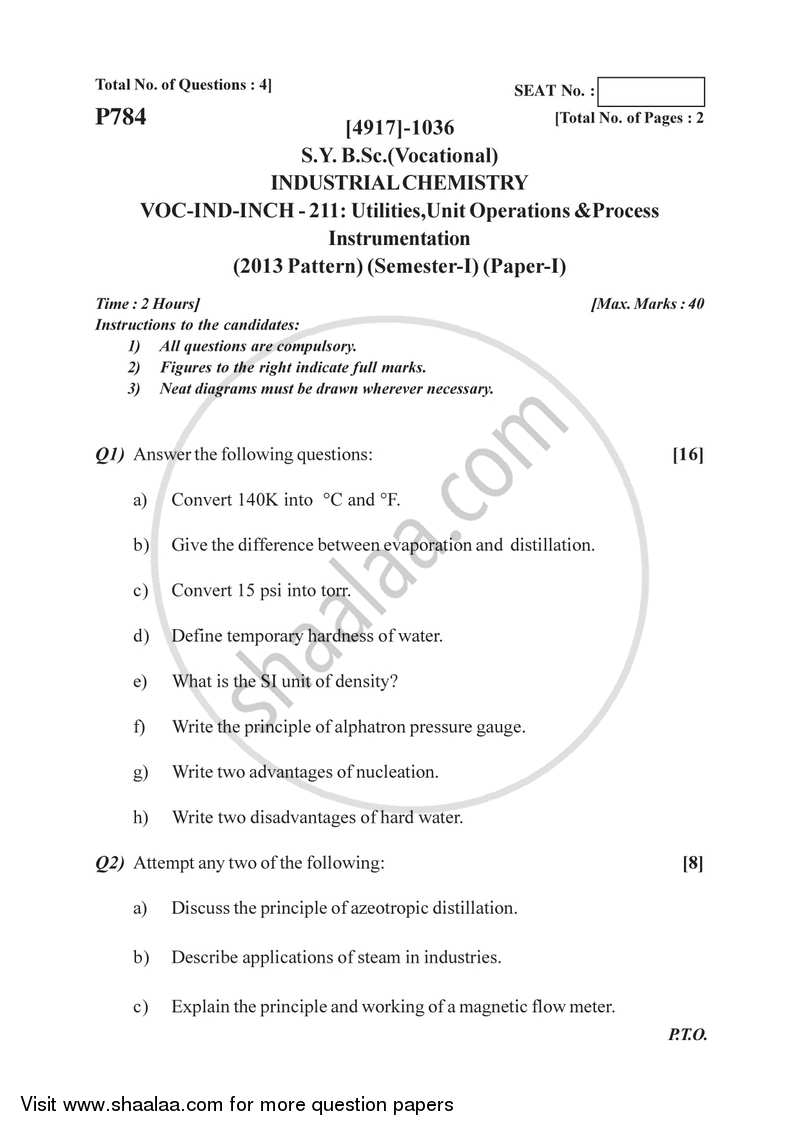 Utilities, Unit Operations and Process Instrumentation 2015-2016 Semester 3 (FYBSc) - University of Pune question paper with PDF download