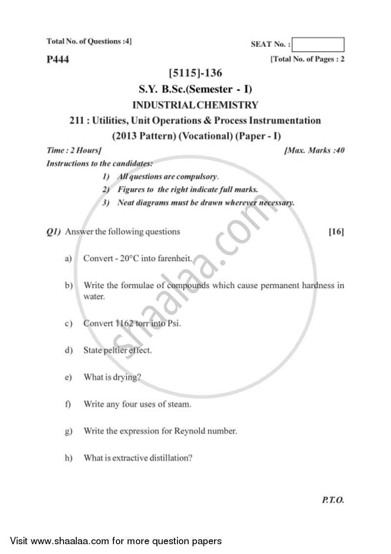 Utilities, Unit Operations and Process Instrumentation 2016-2017 Semester 3 (FYBSc) - University of Pune question paper with PDF download