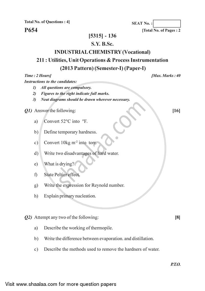 Utilities, Unit Operations and Process Instrumentation 2017-2018 Semester 3 (FYBSc) - University of Pune question paper with PDF download