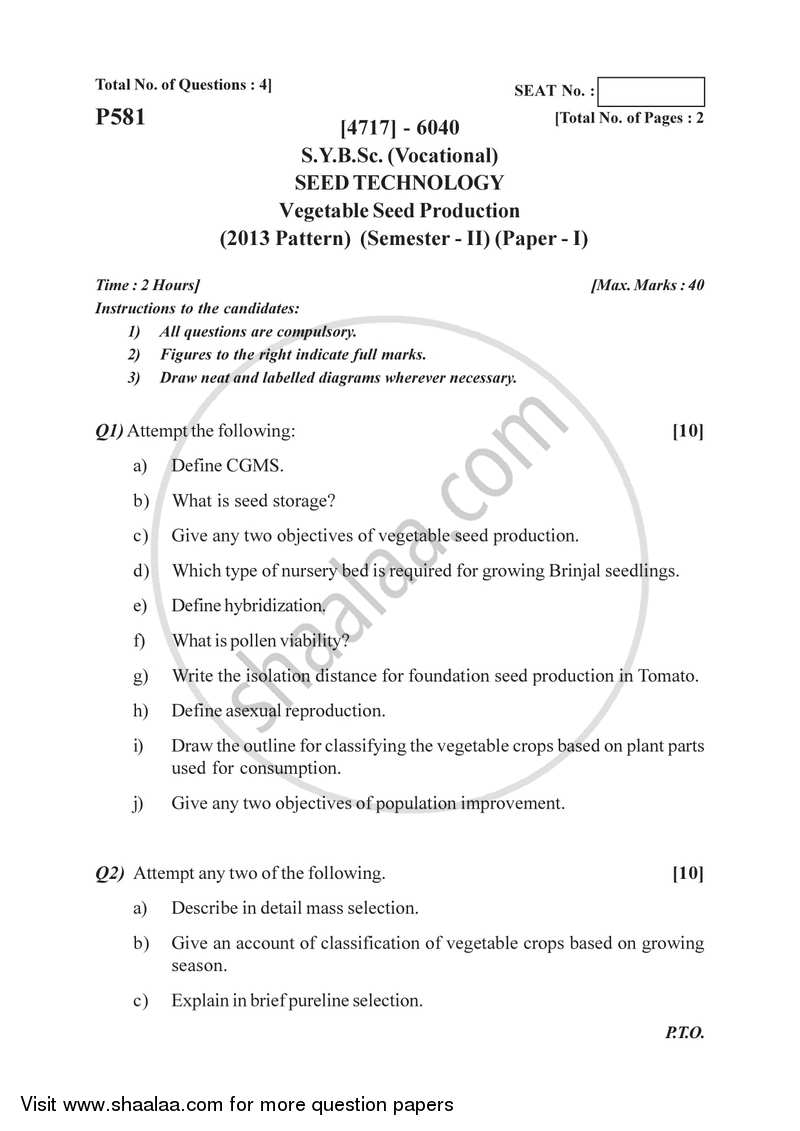 Vegetable Seed Production 2014-2015 Semester 4 (FYBSc) - University of Pune question paper with PDF download