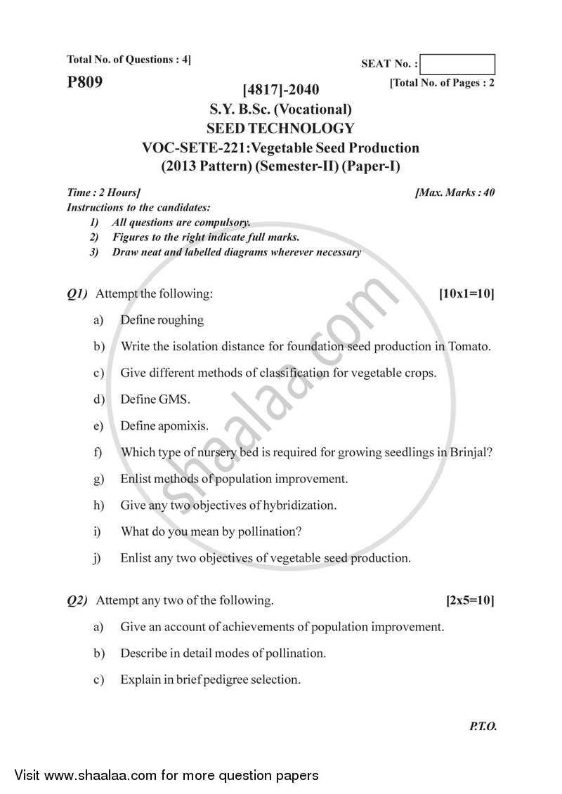 Vegetable Seed Production 2015-2016 Semester 4 (FYBSc) - University of Pune question paper with PDF download