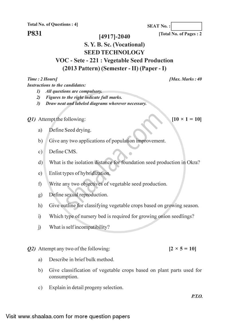 Vegetable Seed Production 2015-2016 Semester 4 (FYBSc) - University of Pune question paper with PDF download