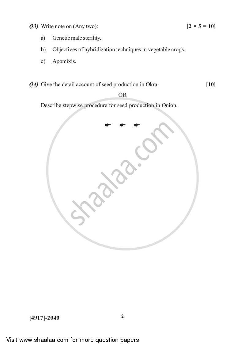 Vegetable Seed Production 2015-2016 Semester 4 (FYBSc) - University of Pune question paper with PDF download