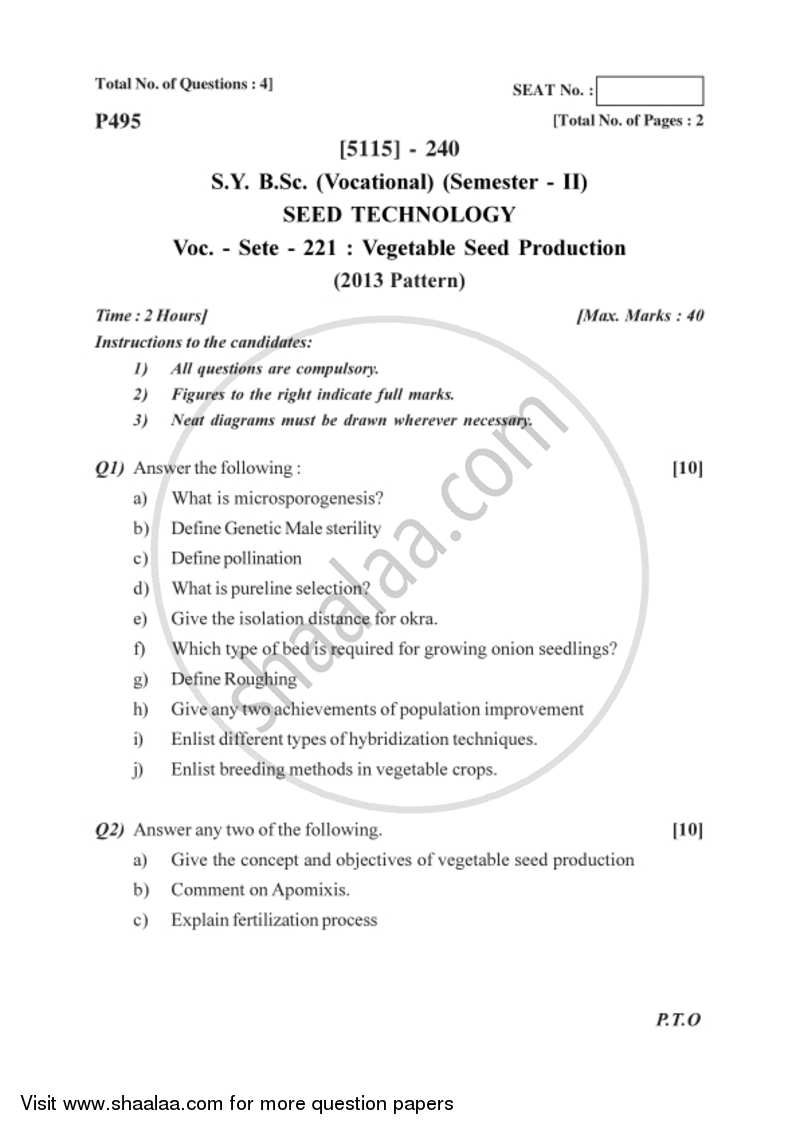 Vegetable Seed Production 2016-2017 Semester 4 (FYBSc) - University of Pune question paper with PDF download