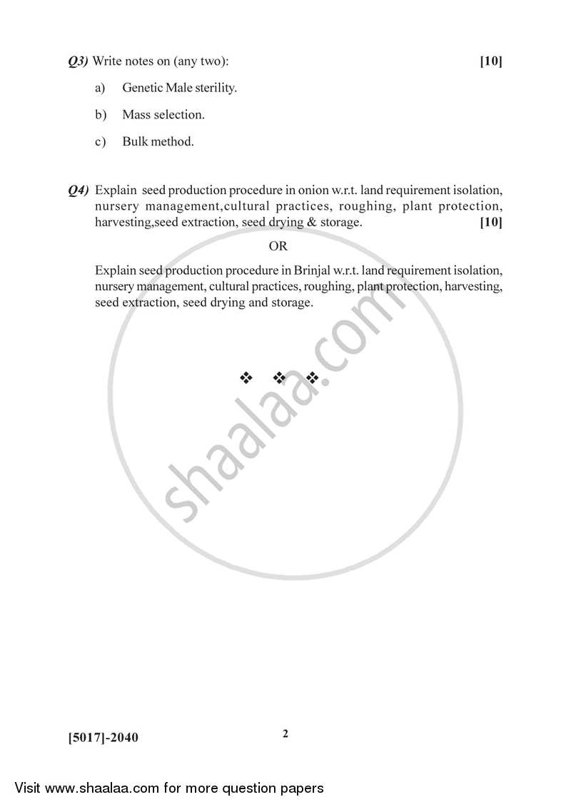 Vegetable Seed Production 2016-2017 Semester 4 (FYBSc) - University of Pune question paper with PDF download