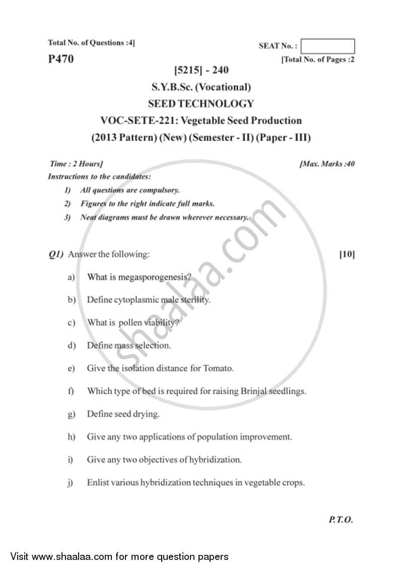Vegetable Seed Production 2017-2018 Semester 4 (FYBSc) - University of Pune question paper with PDF download