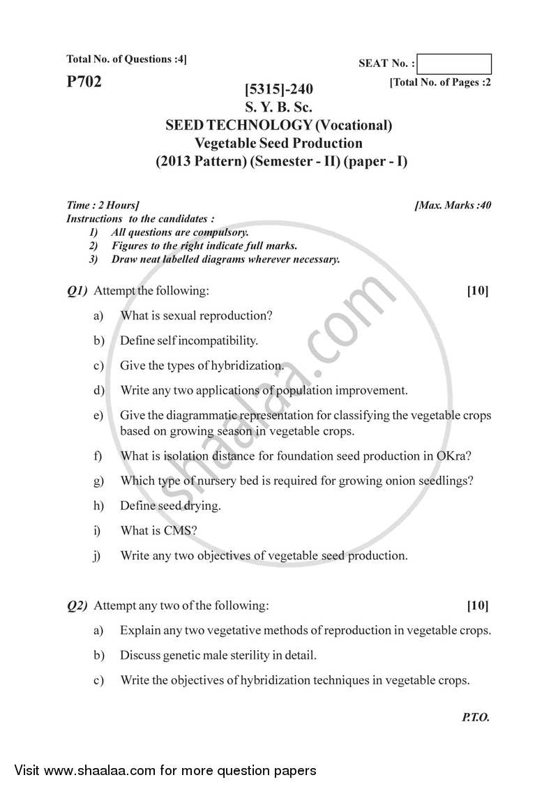 Vegetable Seed Production 2017-2018 Semester 4 (FYBSc) - University of Pune question paper with PDF download