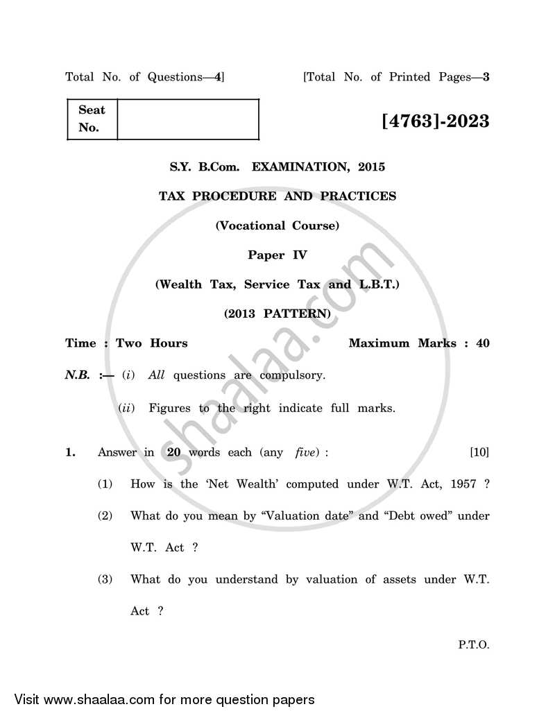 Wealth Tax, Service Tax and L.B.T 2014-2015 S.Y.B.Com Vocational - University of Pune question paper with PDF download