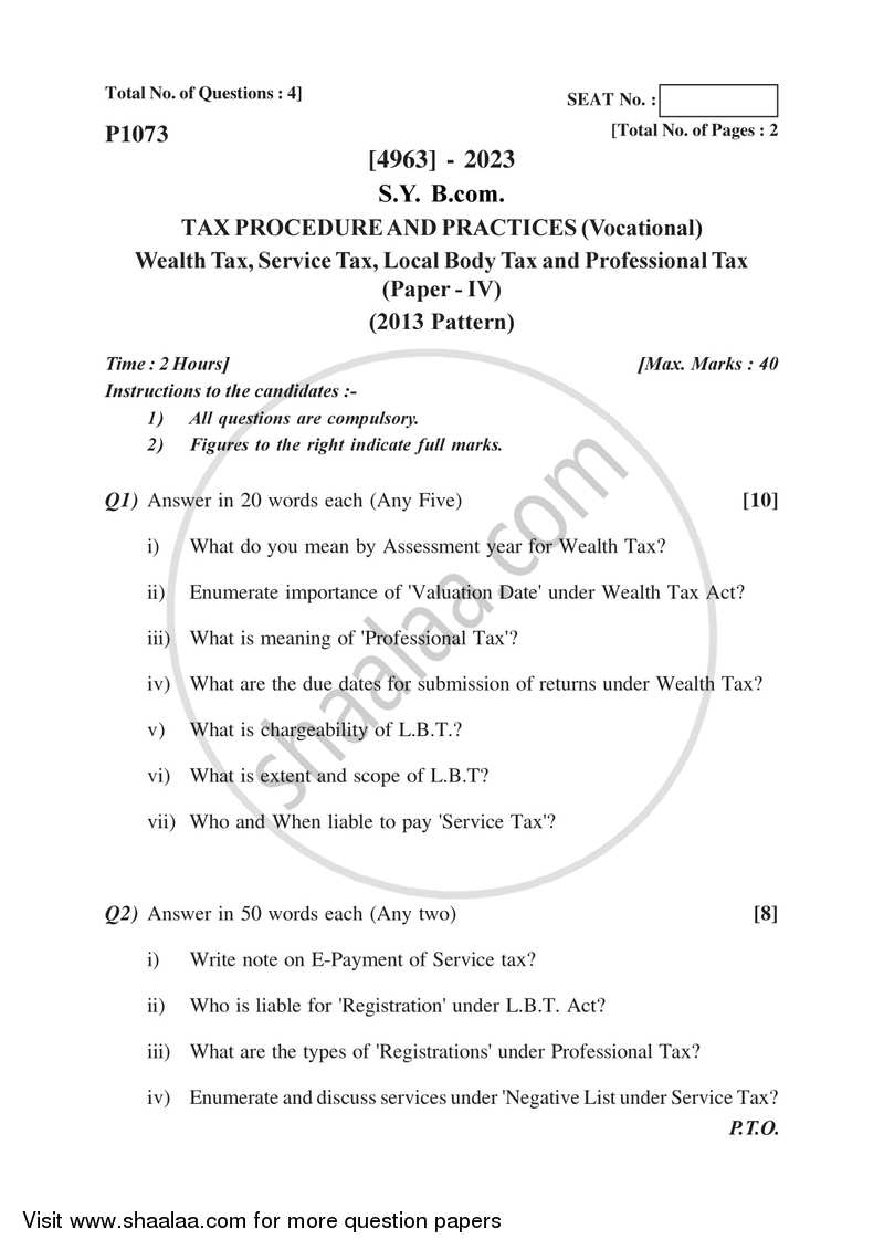 Wealth Tax, Service Tax and L.B.T 2015-2016 S.Y.B.Com Vocational - University of Pune question paper with PDF download