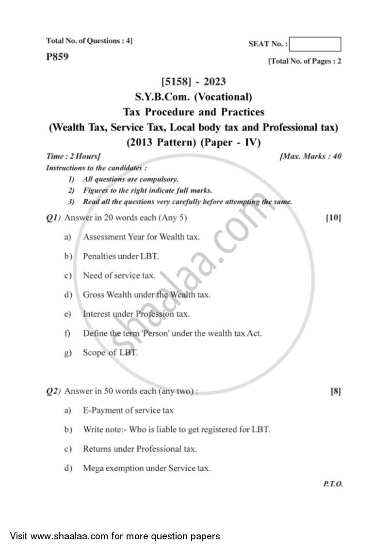 Wealth Tax, Service Tax and L.B.T 2016-2017 S.Y.B.Com Vocational - University of Pune question paper with PDF download