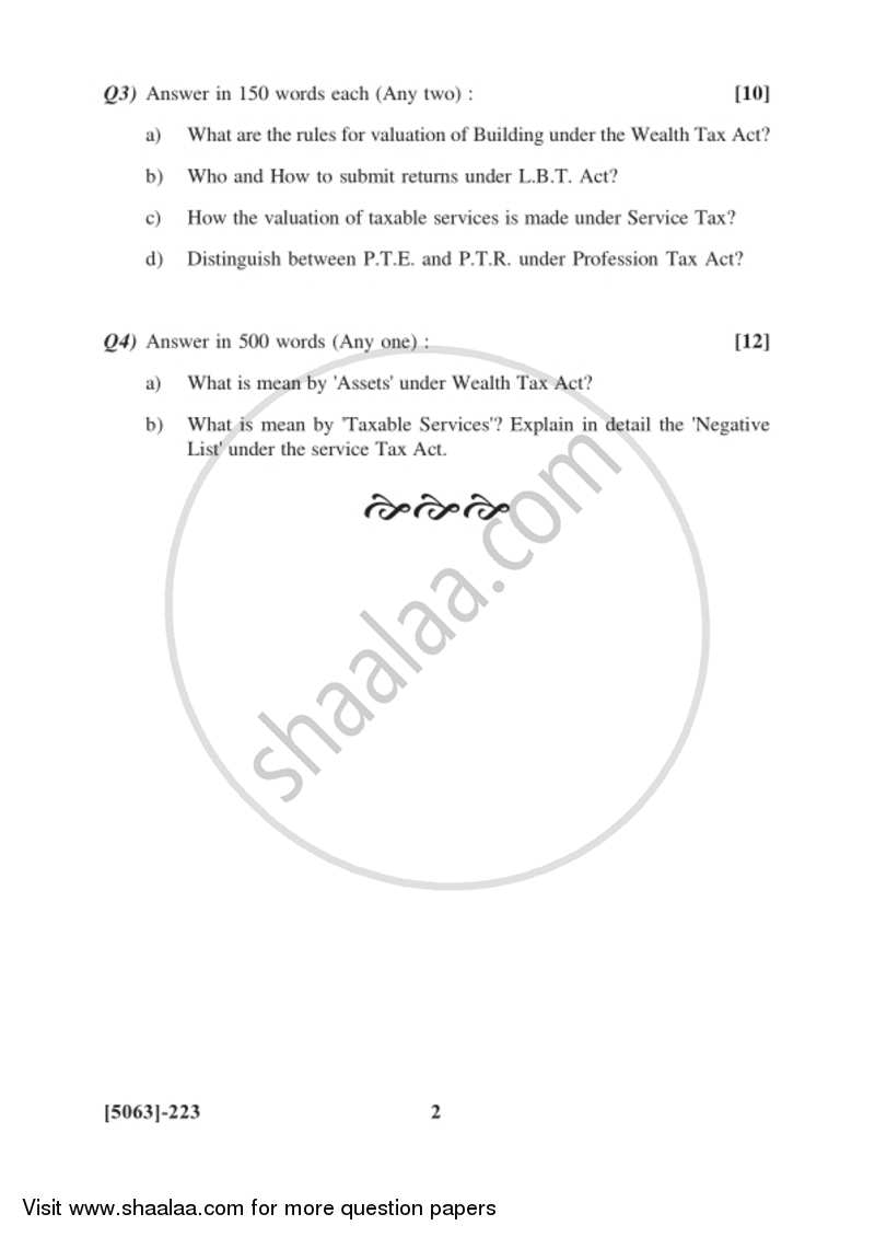Wealth Tax, Service Tax and L.B.T 2016-2017 S.Y.B.Com Vocational - University of Pune question paper with PDF download